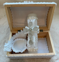 Load image into Gallery viewer, Crystal Ribbon Cross - Baptism Candle Set (Wooden Keepsake Box)

