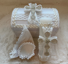 Load image into Gallery viewer, Crystal Ribbon Cross - Baptism Candle Set (Wooden Keepsake Box)
