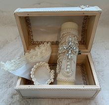 Load image into Gallery viewer, Soft Ivory Lace Cross - Baptism Candle Set (Wooden Keepsake Box)
