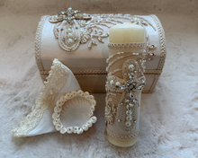 Load image into Gallery viewer, Soft Ivory Lace Cross - Baptism Candle Set (Wooden Keepsake Box)
